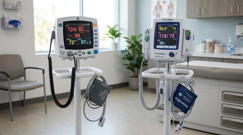 Used patient monitor guide comparing GE Dinamap and Welch Allyn vital signs monitors on mobile stands