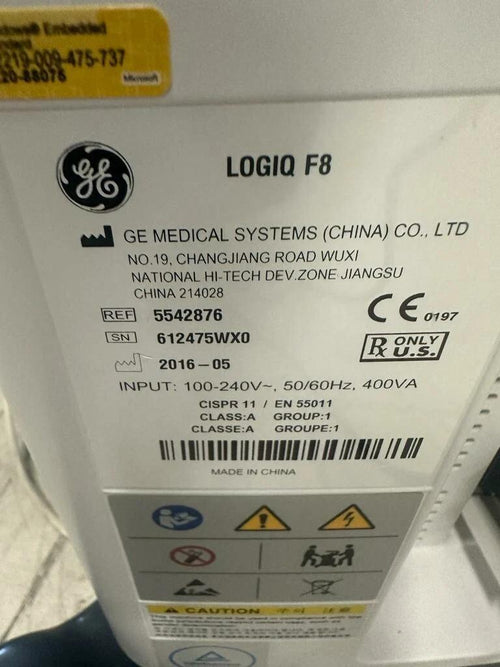 2016 GE LOGIQ F8 Series Ultrasound with  1 Probes, Tested
