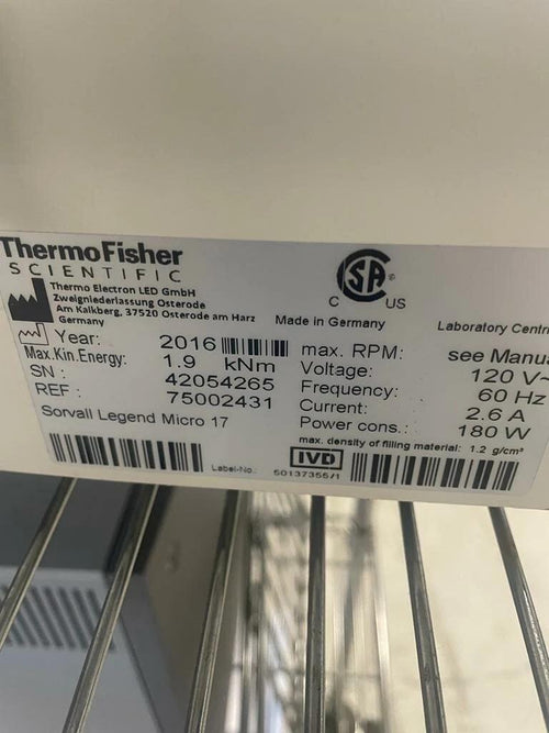 2016 Thermo Scientific Sorvall Legend Micro 17 , Centrifuge